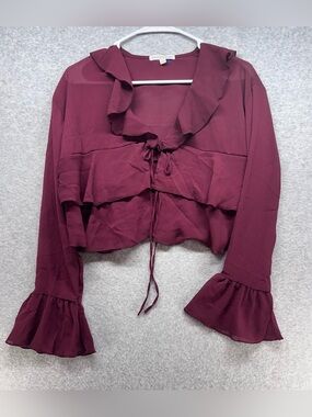Sincerly Jules Burgundy Ruffle Tie-Front Cropped Blouse